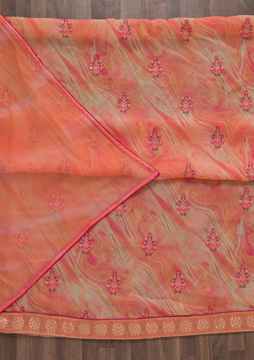 Peach Threadwork Semi Crepe Unstitched Salwar Suit-Koskii