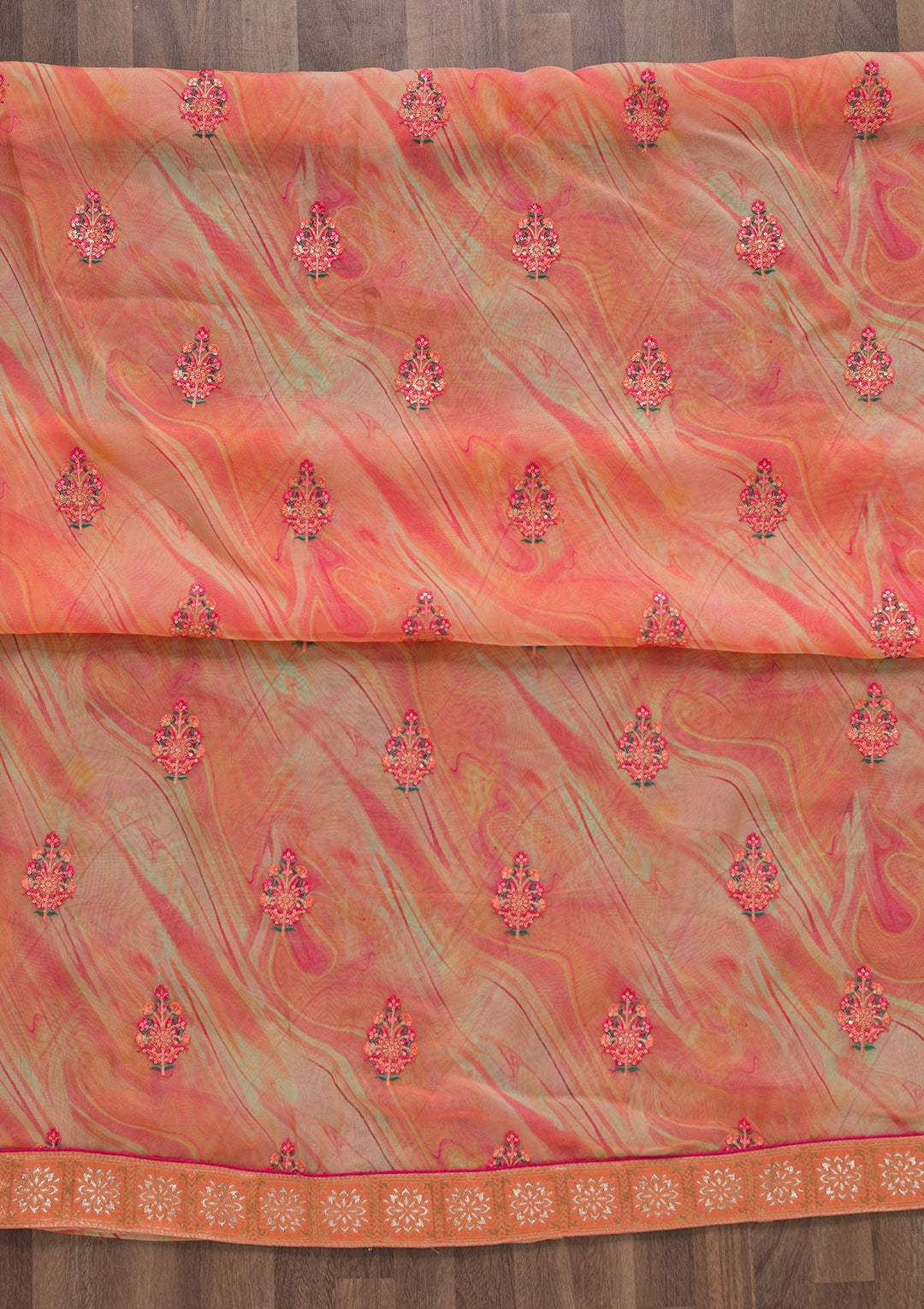 Peach Threadwork Semi Crepe Unstitched Salwar Suit-Koskii