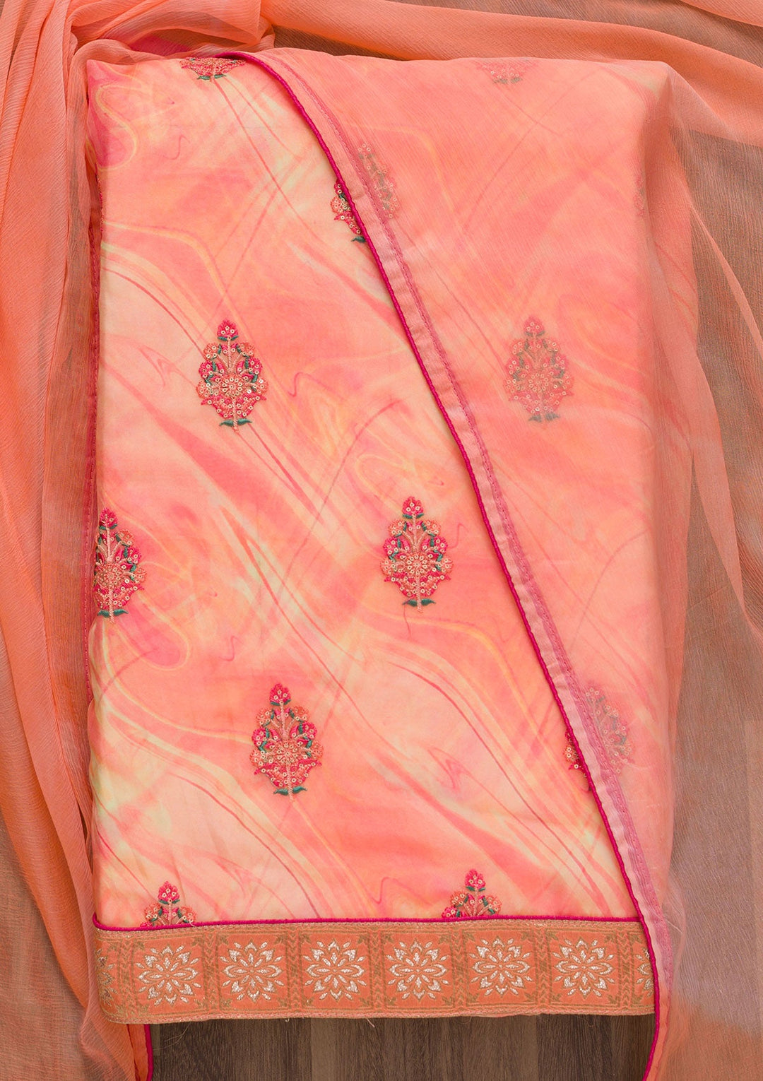 Peach Threadwork Semi Crepe Unstitched Salwar Suit-Koskii