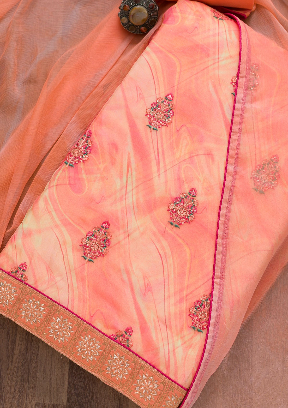 Peach Threadwork Semi Crepe Unstitched Salwar Suit-Koskii