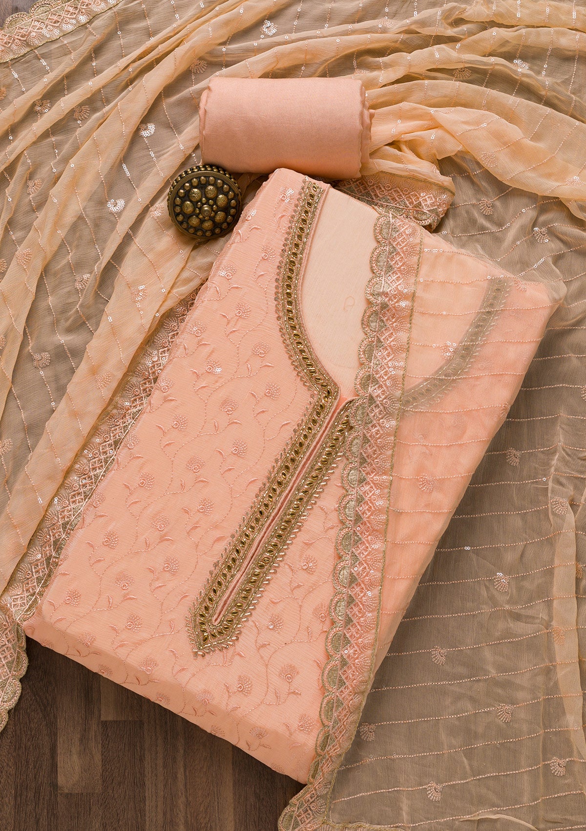 Peach Threadwork Semi Crepe Unstitched Salwar Suit-Koskii