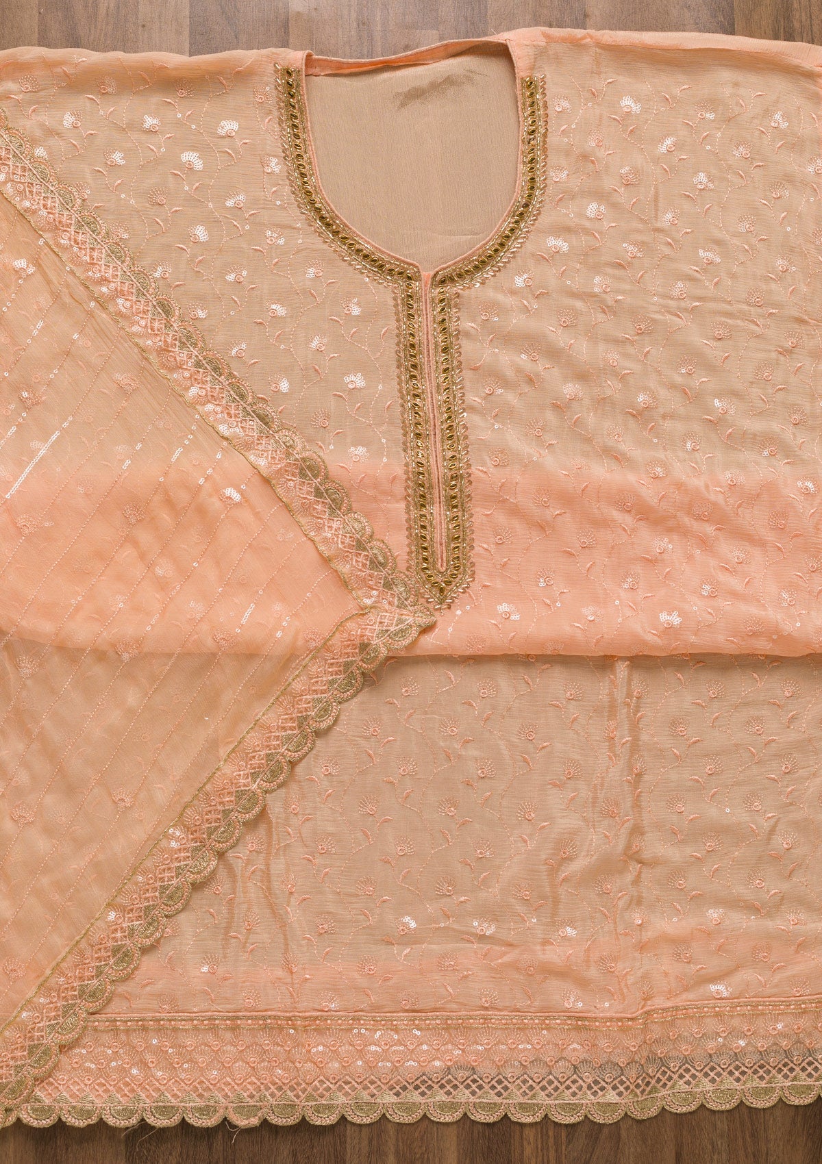 Peach Threadwork Semi Crepe Unstitched Salwar Suit-Koskii