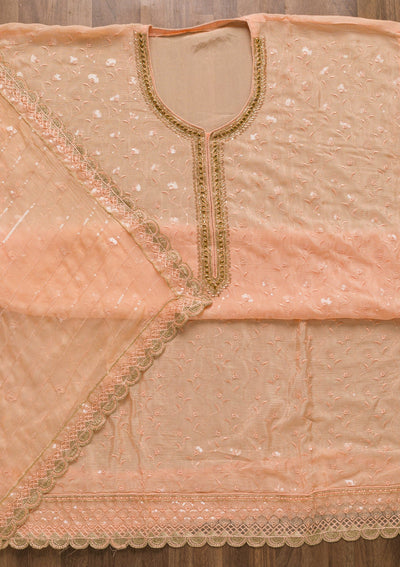 Peach Threadwork Semi Crepe Unstitched Salwar Suit-Koskii