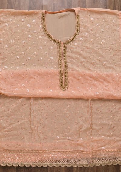 Peach Threadwork Semi Crepe Unstitched Salwar Suit-Koskii
