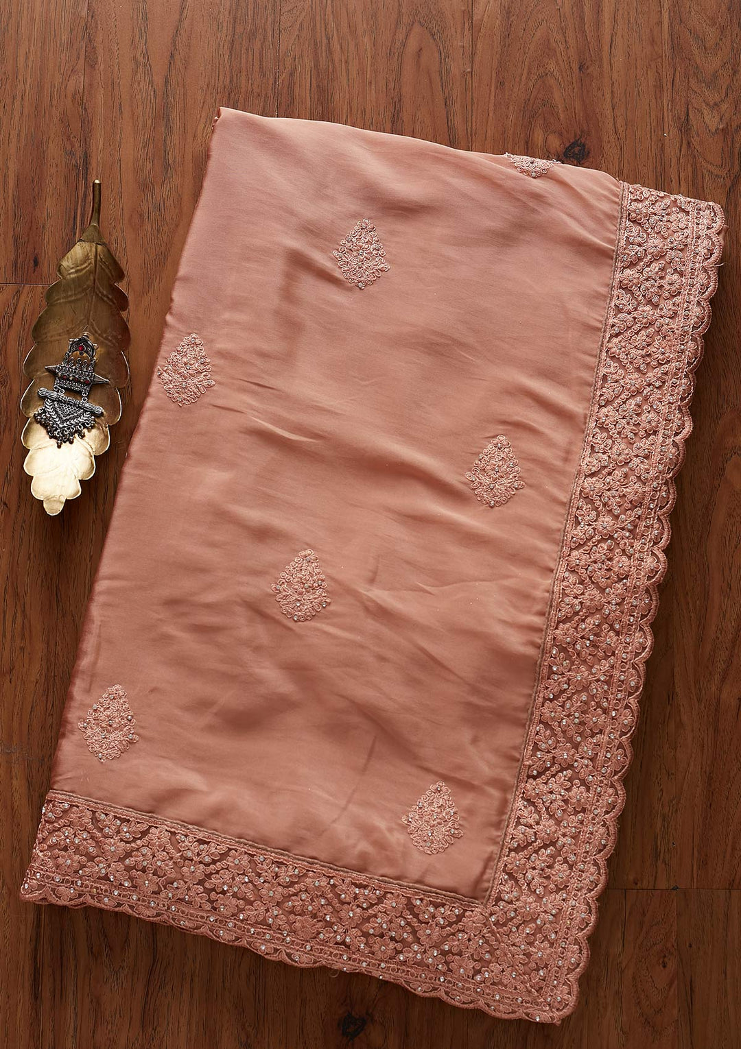 Peach Threadwork Semi Crepe Designer Saree - koskii
