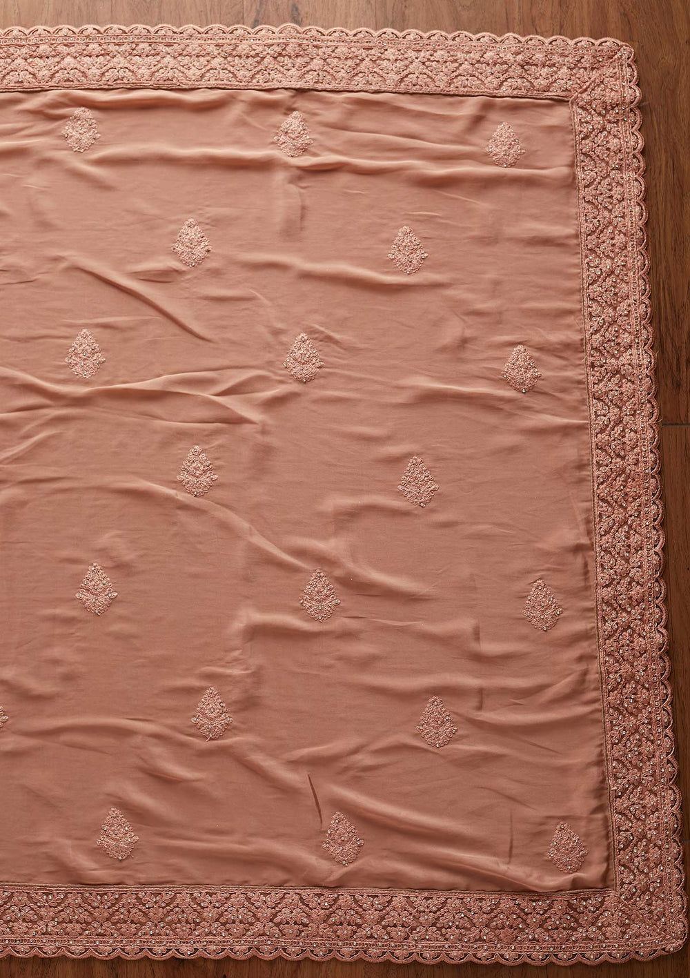 Peach Threadwork Semi Crepe Designer Saree - koskii