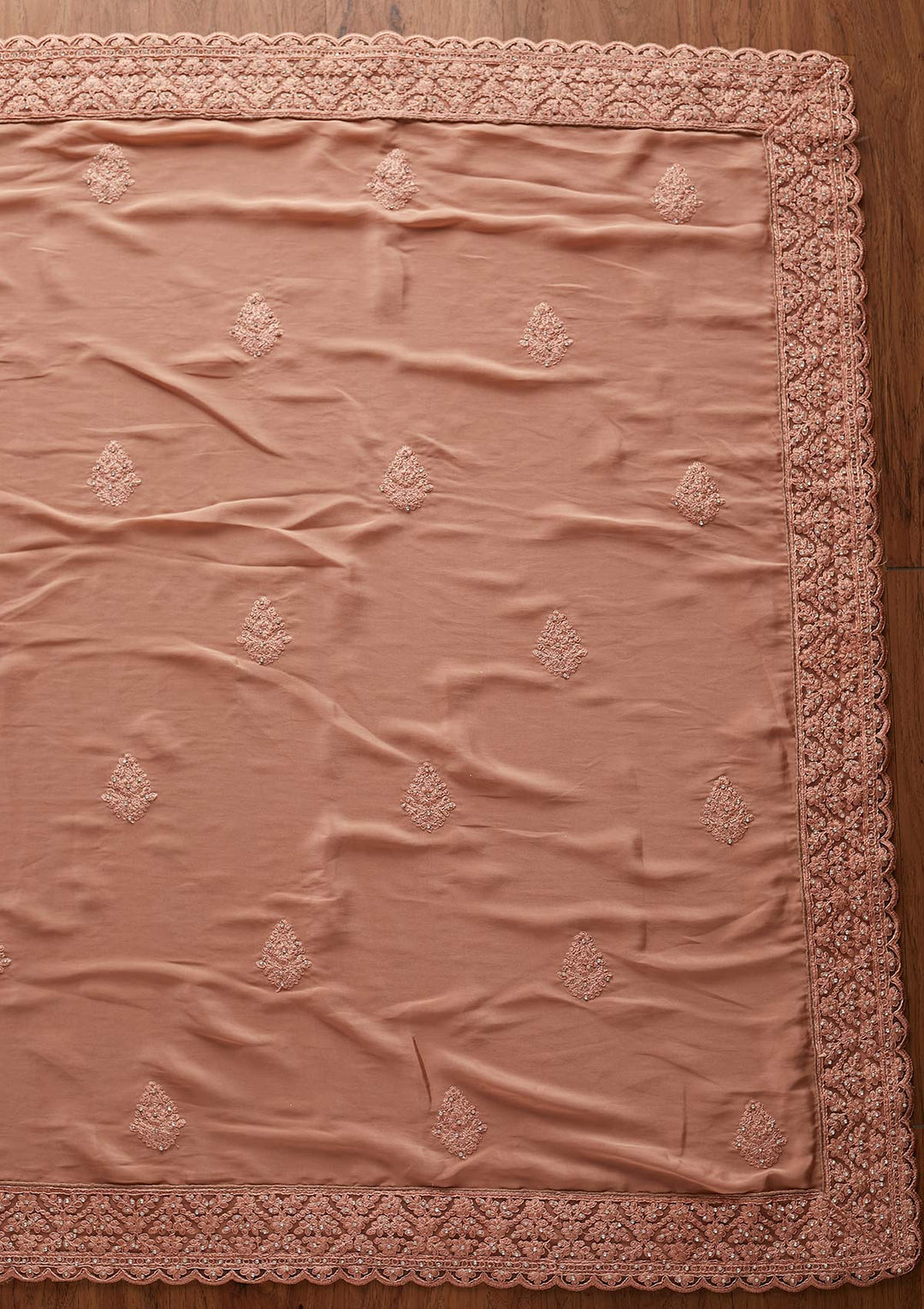 Peach Threadwork Semi Crepe Designer Saree - koskii