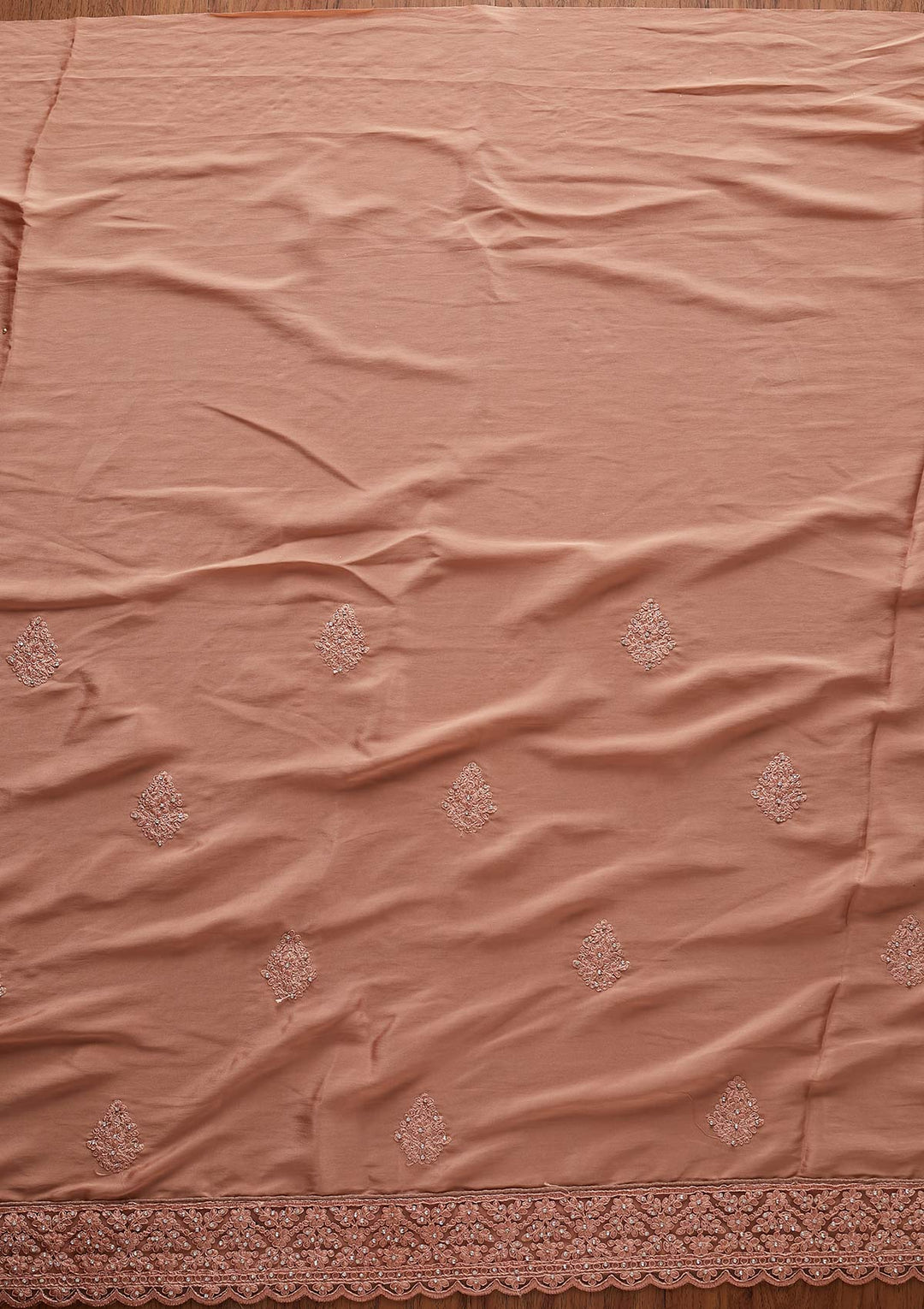 Peach Threadwork Semi Crepe Designer Saree - koskii