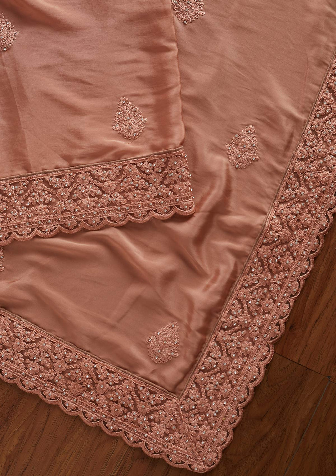 Peach Threadwork Semi Crepe Designer Saree - koskii