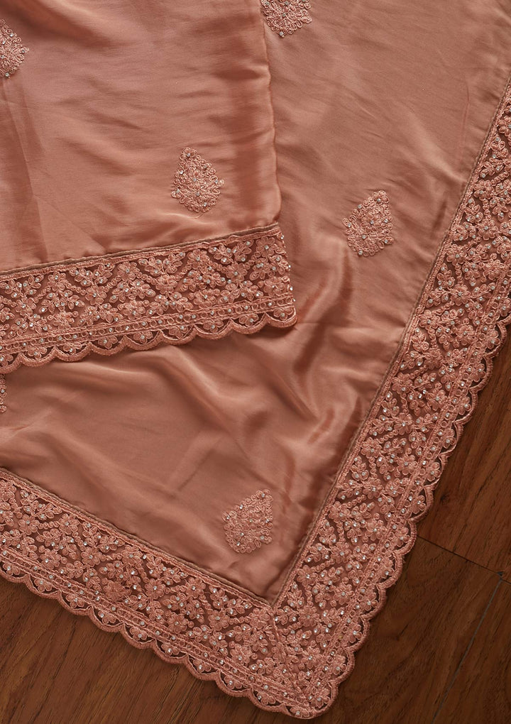 Peach Threadwork Semi Crepe Designer Saree - koskii