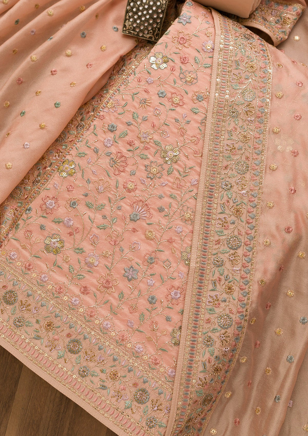 Peach Threadwork Crepe Unstitched Salwar Kameez-Koskii