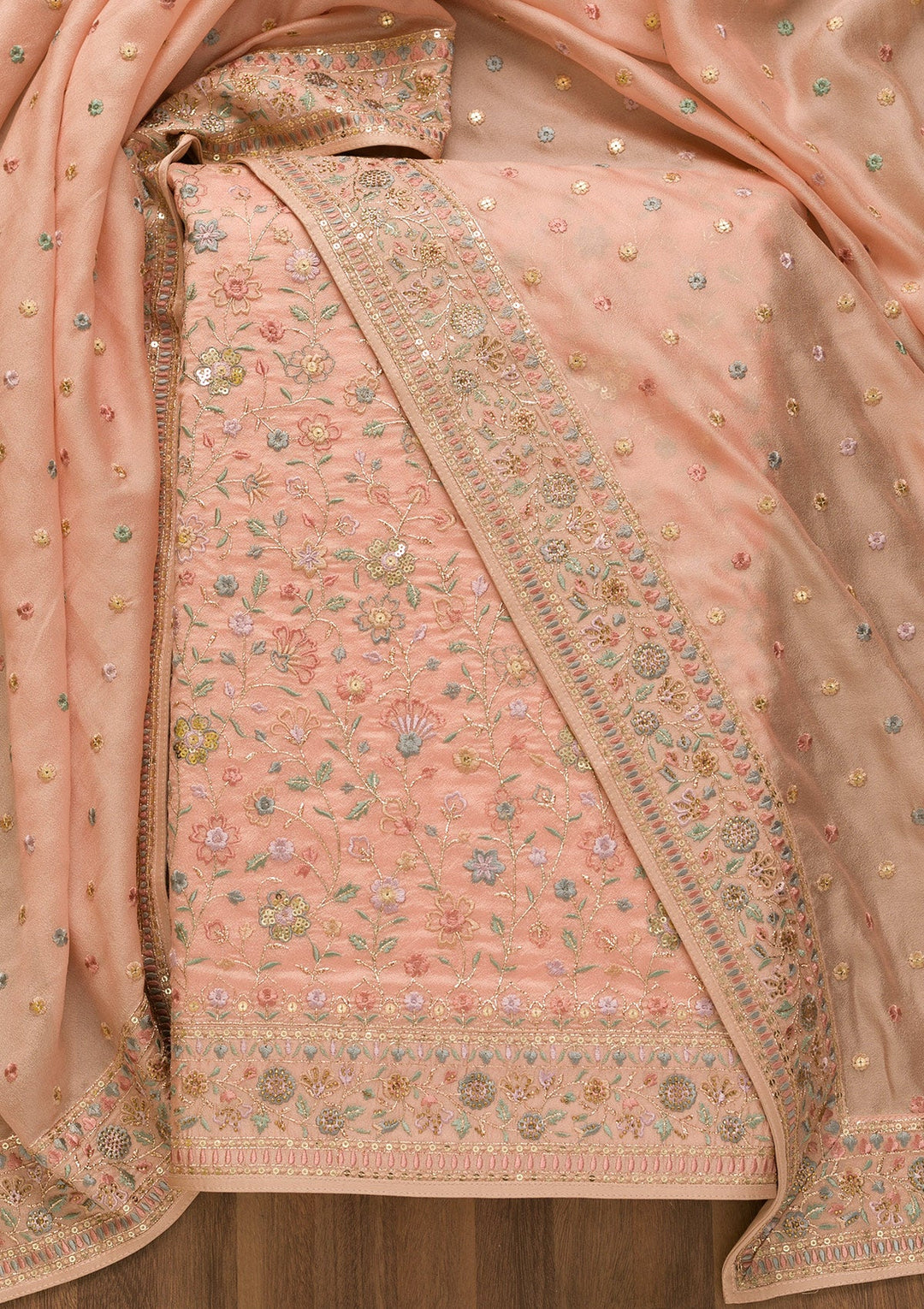 Peach Threadwork Crepe Unstitched Salwar Kameez-Koskii