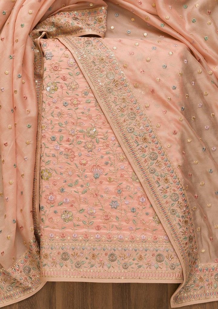 Peach Threadwork Crepe Unstitched Salwar Kameez-Koskii