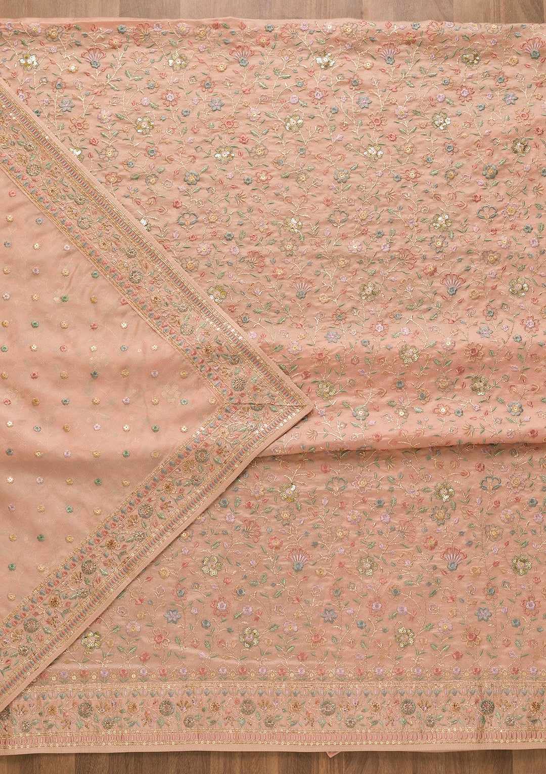 Peach Threadwork Crepe Unstitched Salwar Kameez-Koskii