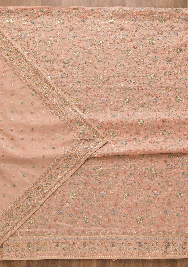 Peach Threadwork Crepe Unstitched Salwar Kameez-Koskii