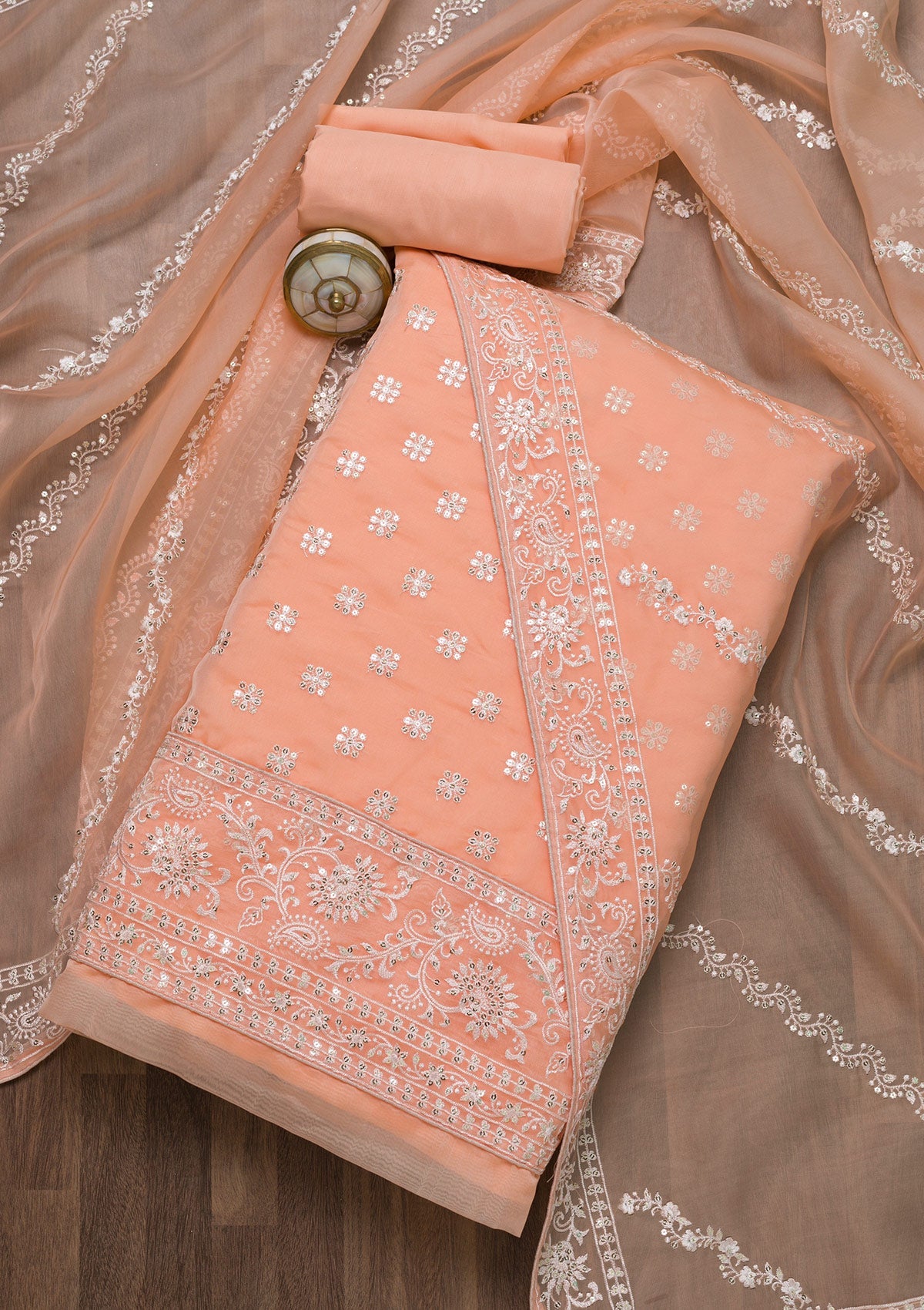 Peach Threadwork Tissue Unstitched Salwar Suit-Koskii