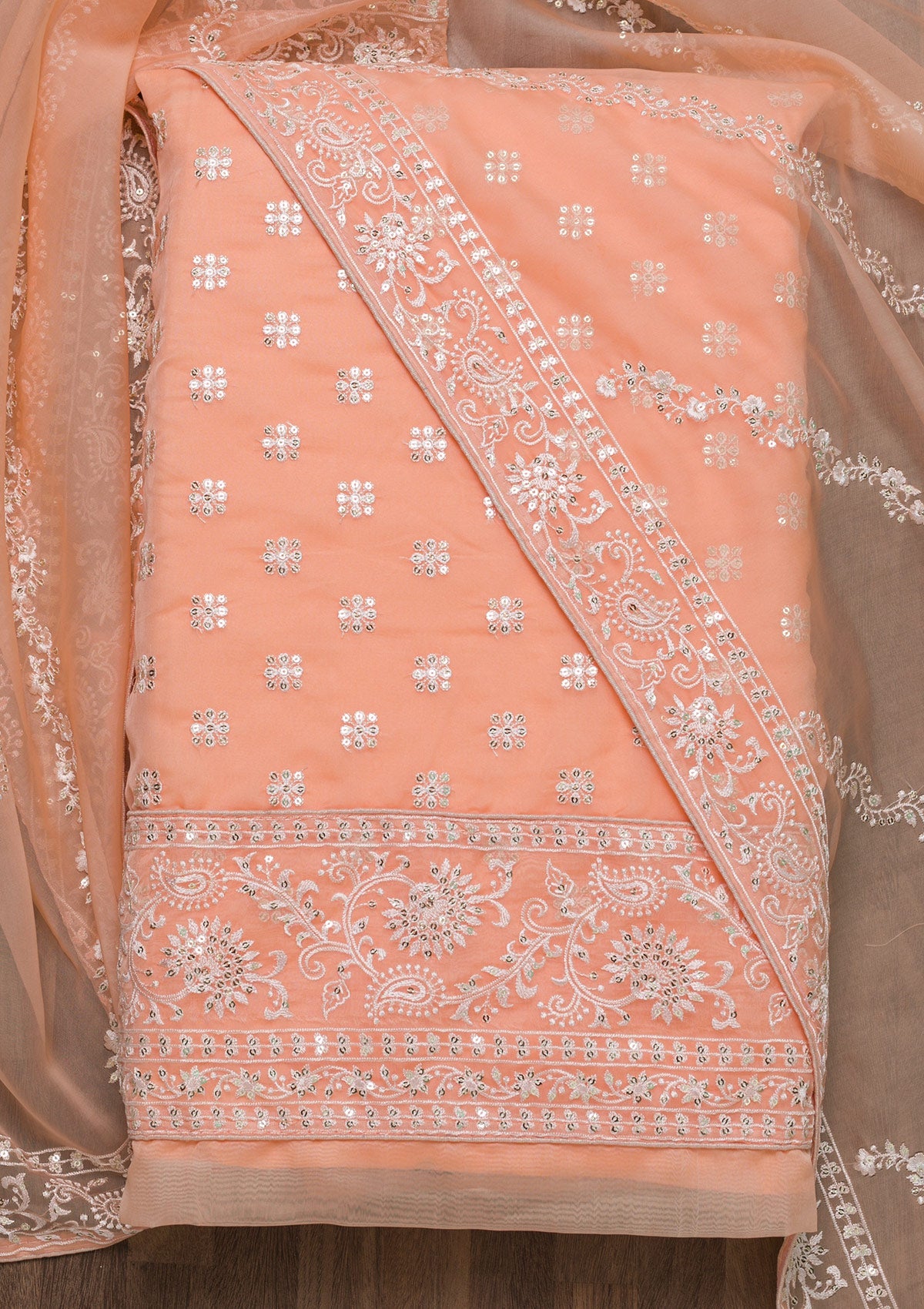 Peach Threadwork Tissue Unstitched Salwar Suit-Koskii