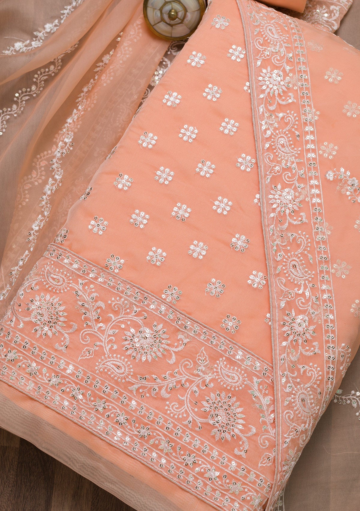 Peach Threadwork Tissue Unstitched Salwar Suit-Koskii