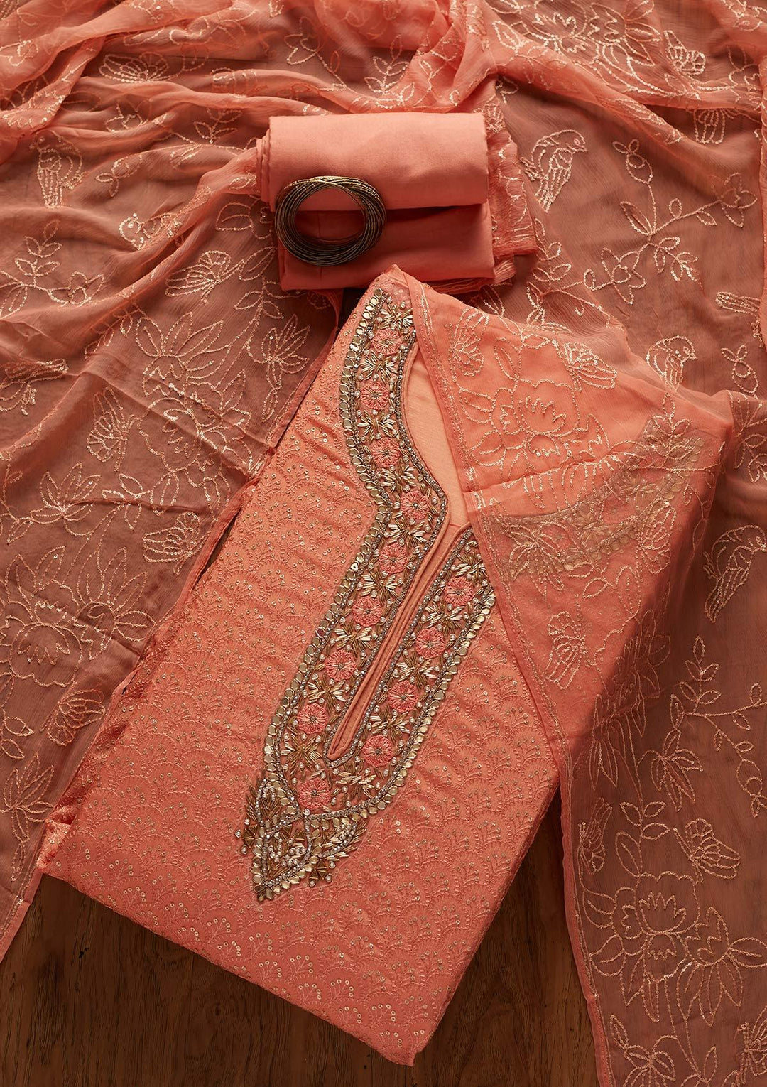 Peach Zardosi Semi Crepe Designer Semi-Stitched Salwar Suit - koskii