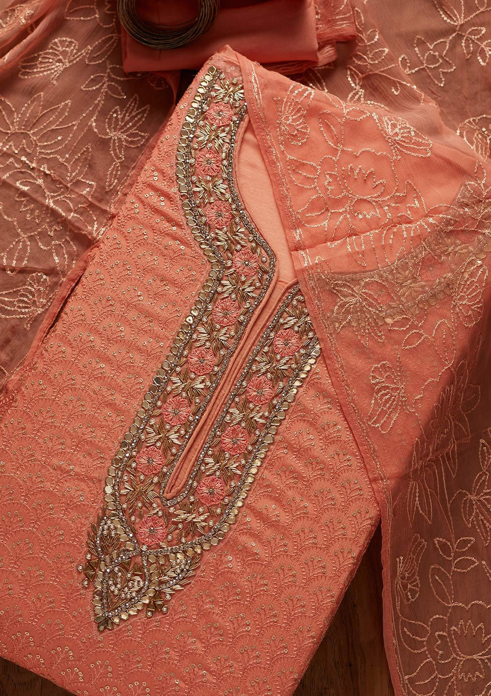 Peach Zardosi Semi Crepe Designer Semi-Stitched Salwar Suit - koskii
