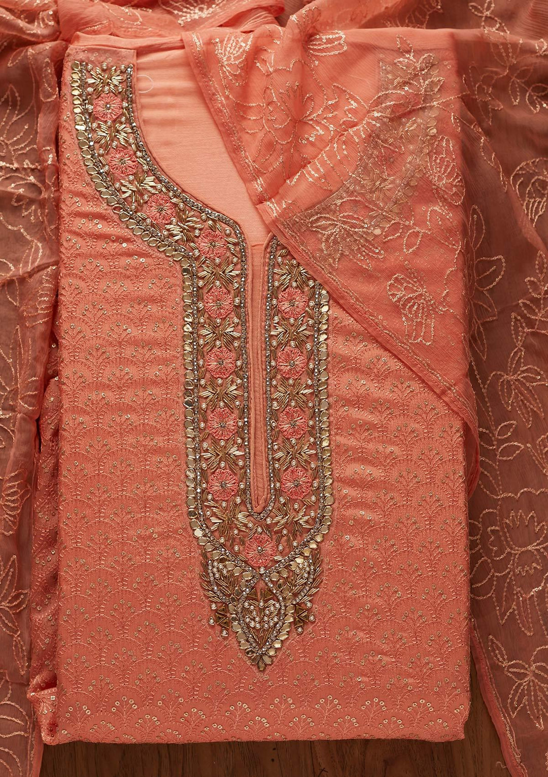 Peach Zardosi Semi Crepe Designer Semi-Stitched Salwar Suit - koskii