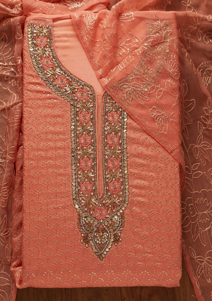Peach Zardosi Semi Crepe Designer Semi-Stitched Salwar Suit - koskii