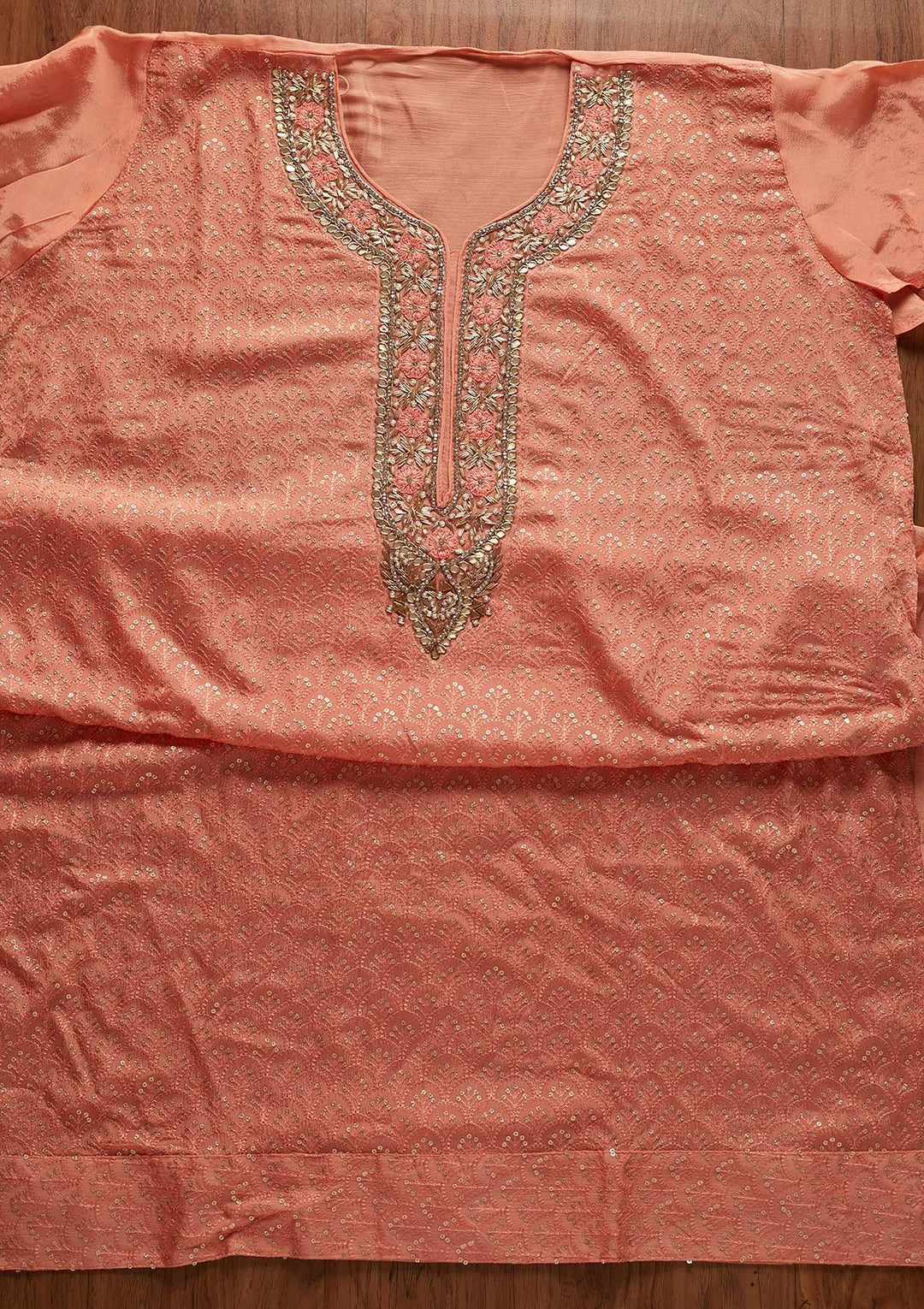 Peach Zardosi Semi Crepe Designer Semi-Stitched Salwar Suit - koskii