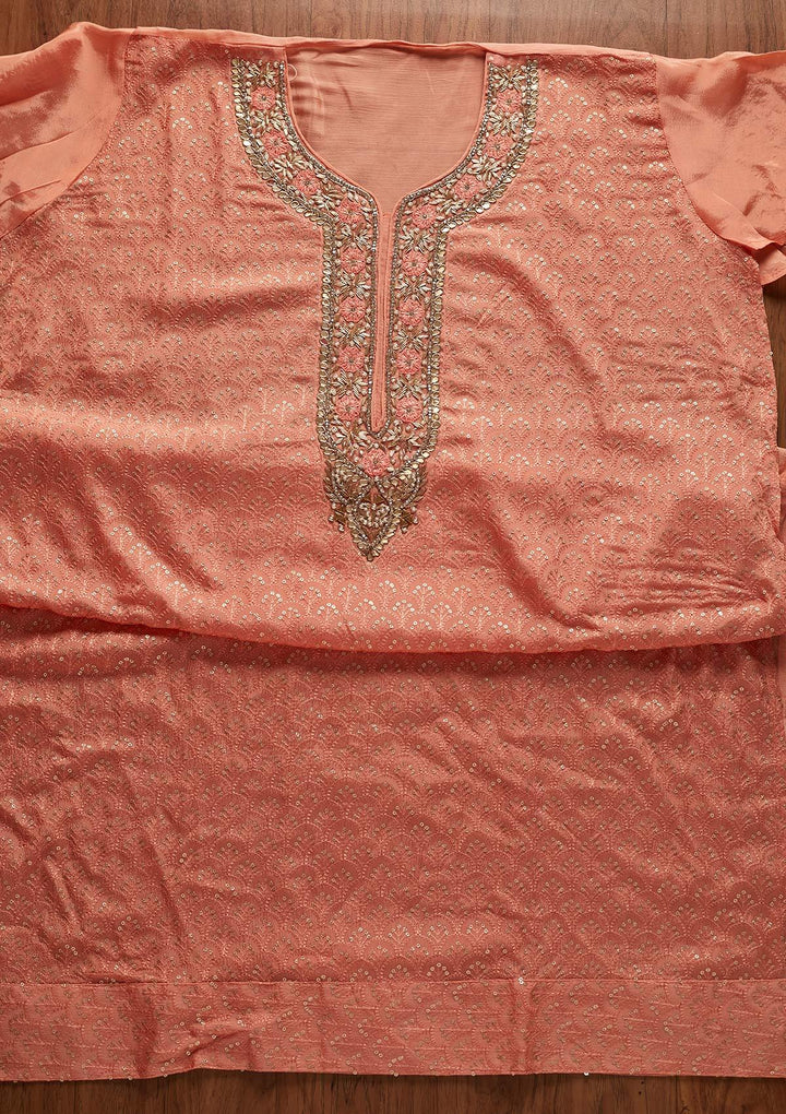 Peach Zardosi Semi Crepe Designer Semi-Stitched Salwar Suit - koskii