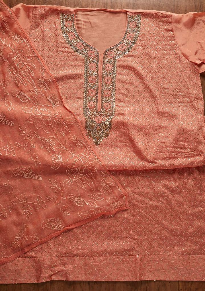 Peach Zardosi Semi Crepe Designer Semi-Stitched Salwar Suit - koskii