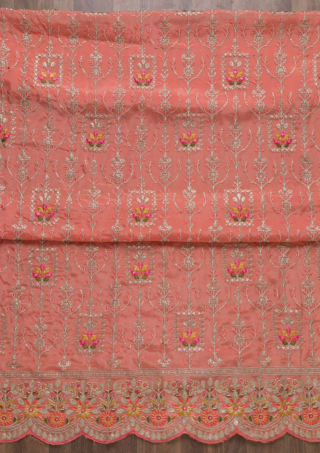 Peach Zariwork Art Silk Unstitched Salwar Suit-Koskii