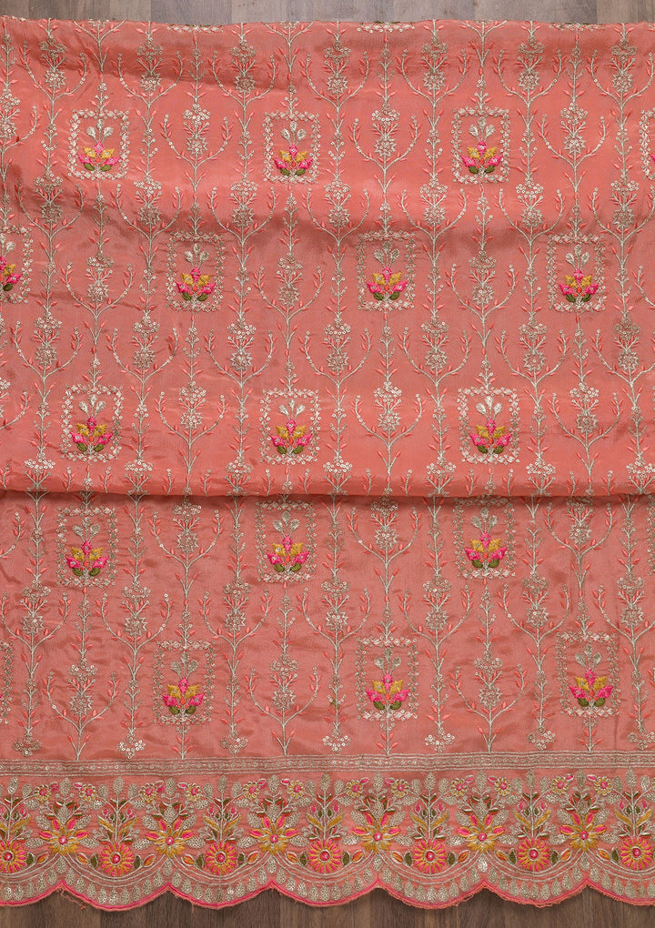 Peach Zariwork Art Silk Unstitched Salwar Suit-Koskii
