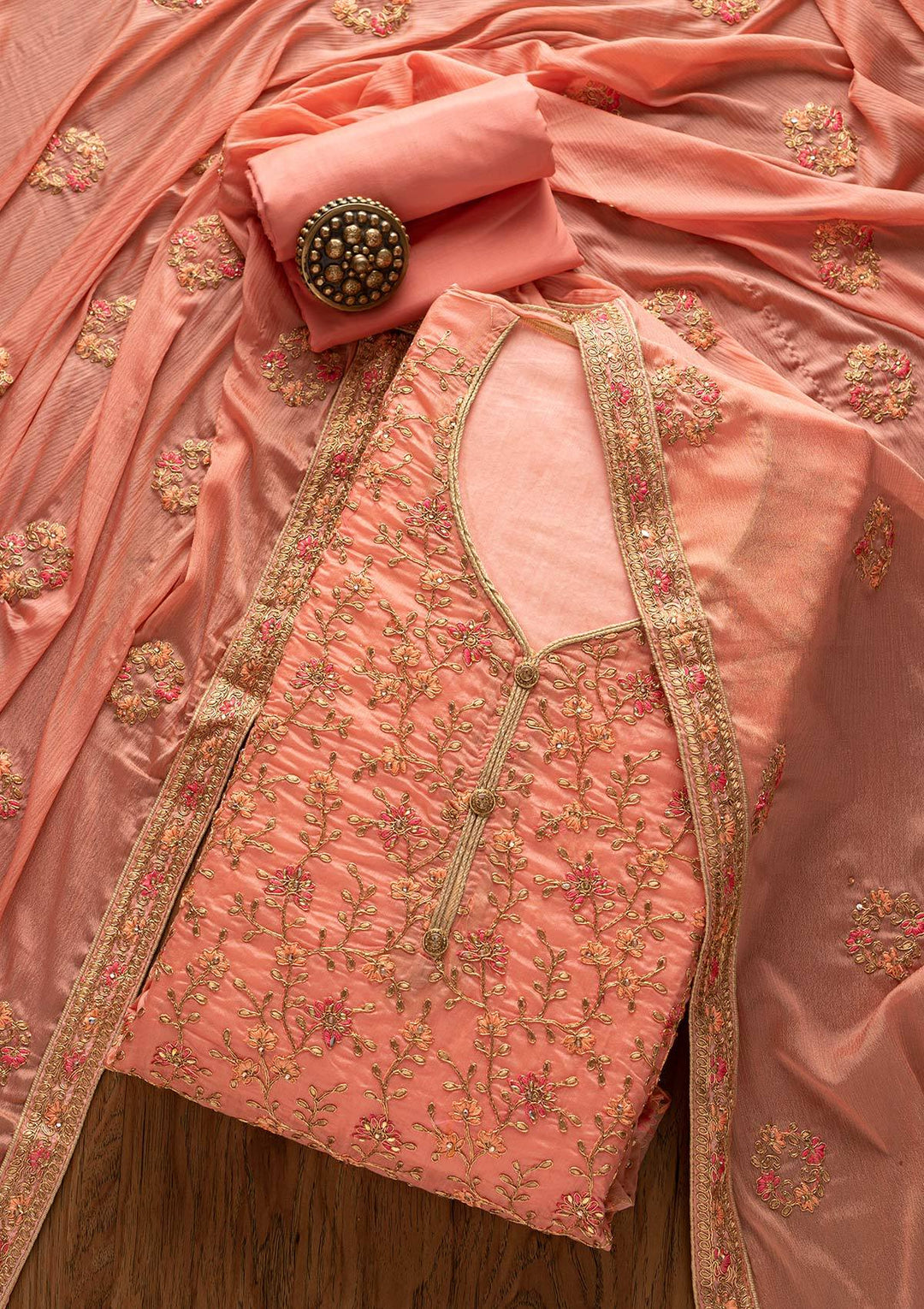 Peach Zariwork Art Silk Designer Unstitched Salwar Suit - Koskii