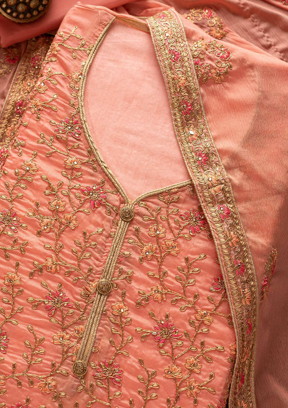 Peach Zariwork Art Silk Designer Unstitched Salwar Suit - Koskii