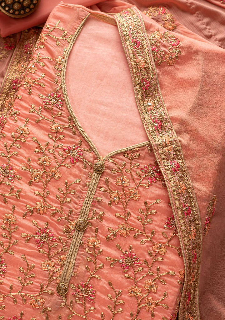 Peach Zariwork Art Silk Designer Unstitched Salwar Suit - Koskii