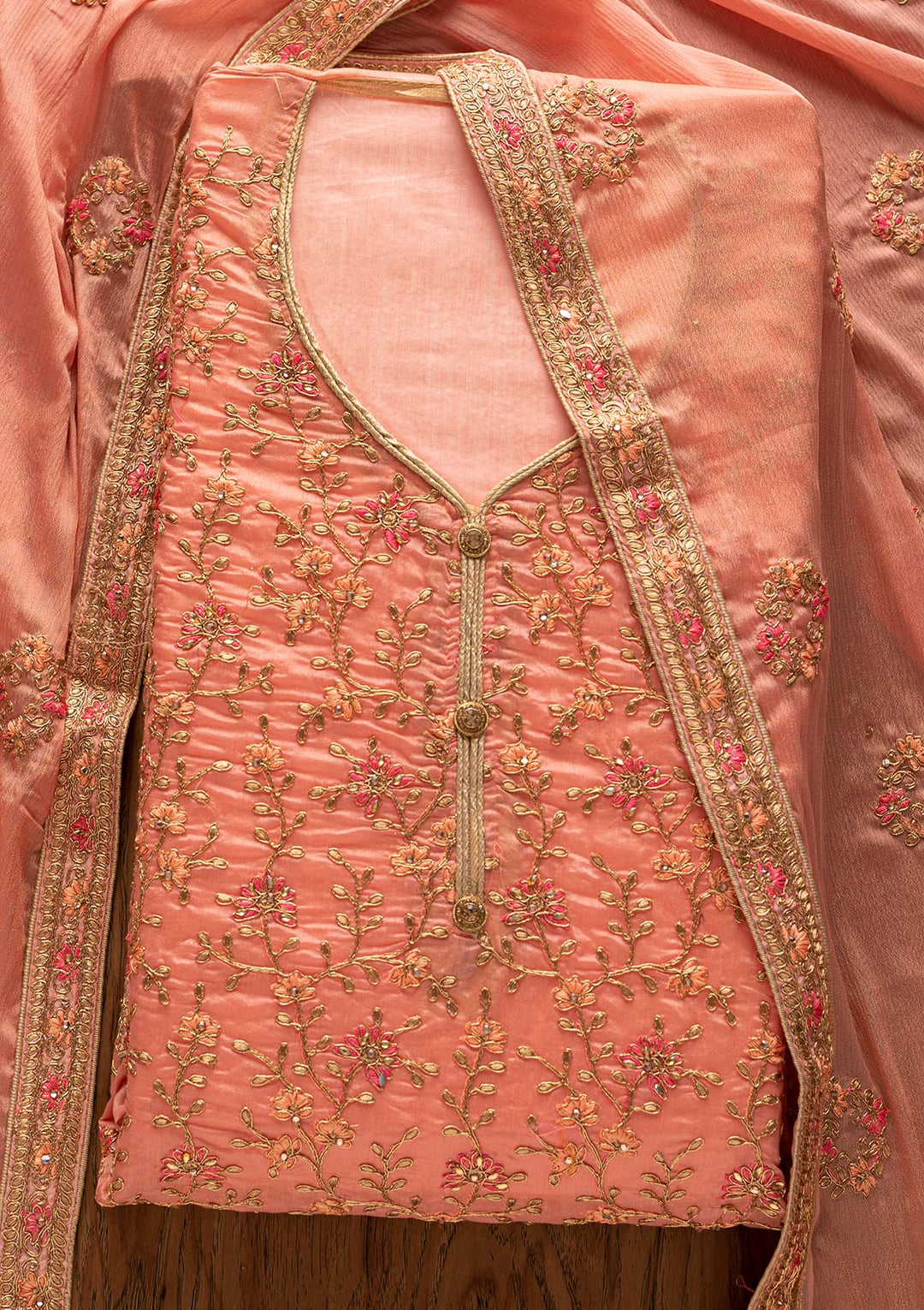 Peach Zariwork Art Silk Designer Unstitched Salwar Suit - Koskii