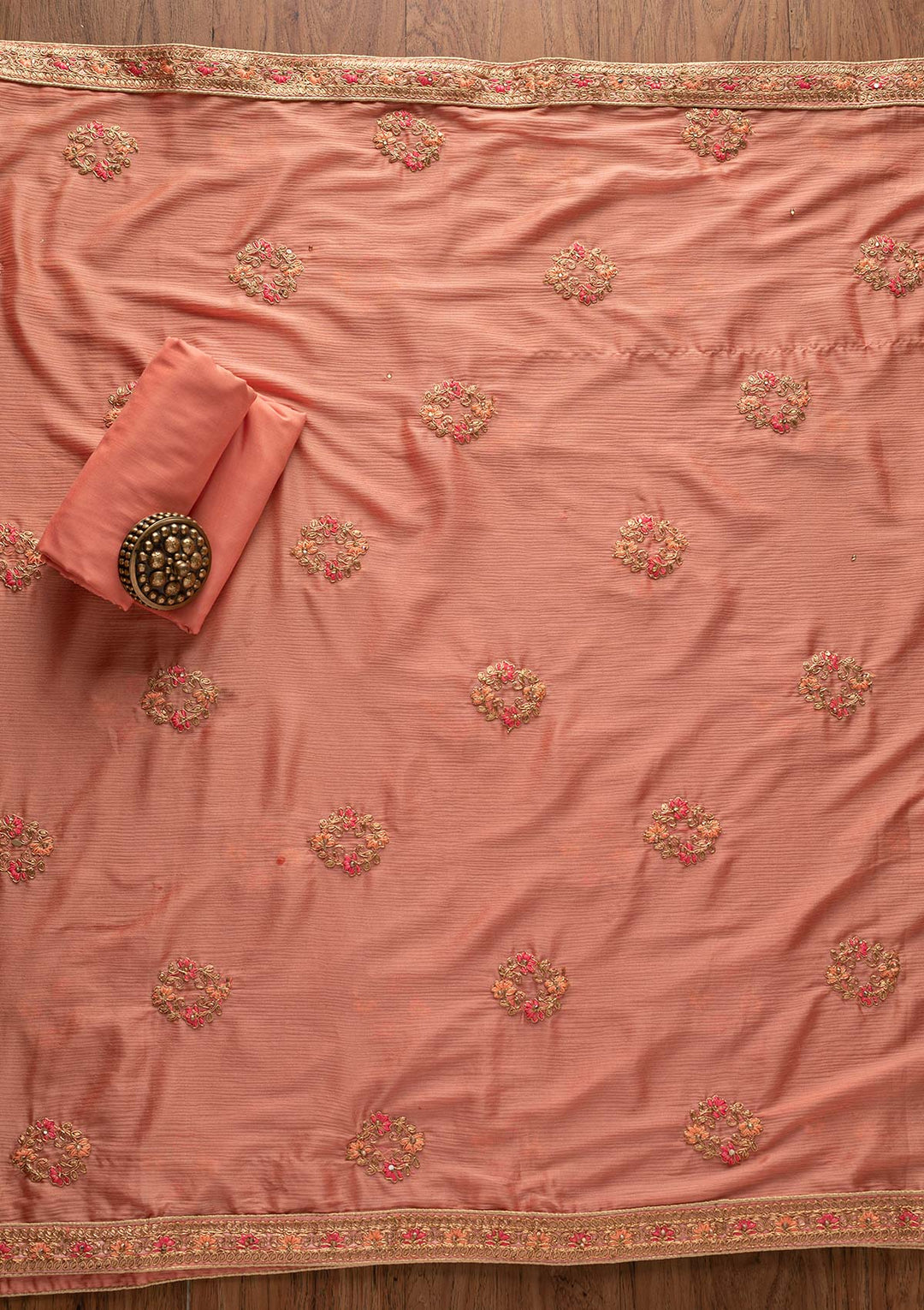 Peach Zariwork Art Silk Designer Unstitched Salwar Suit - Koskii