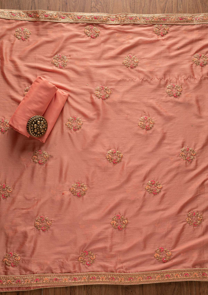 Peach Zariwork Art Silk Designer Unstitched Salwar Suit - Koskii