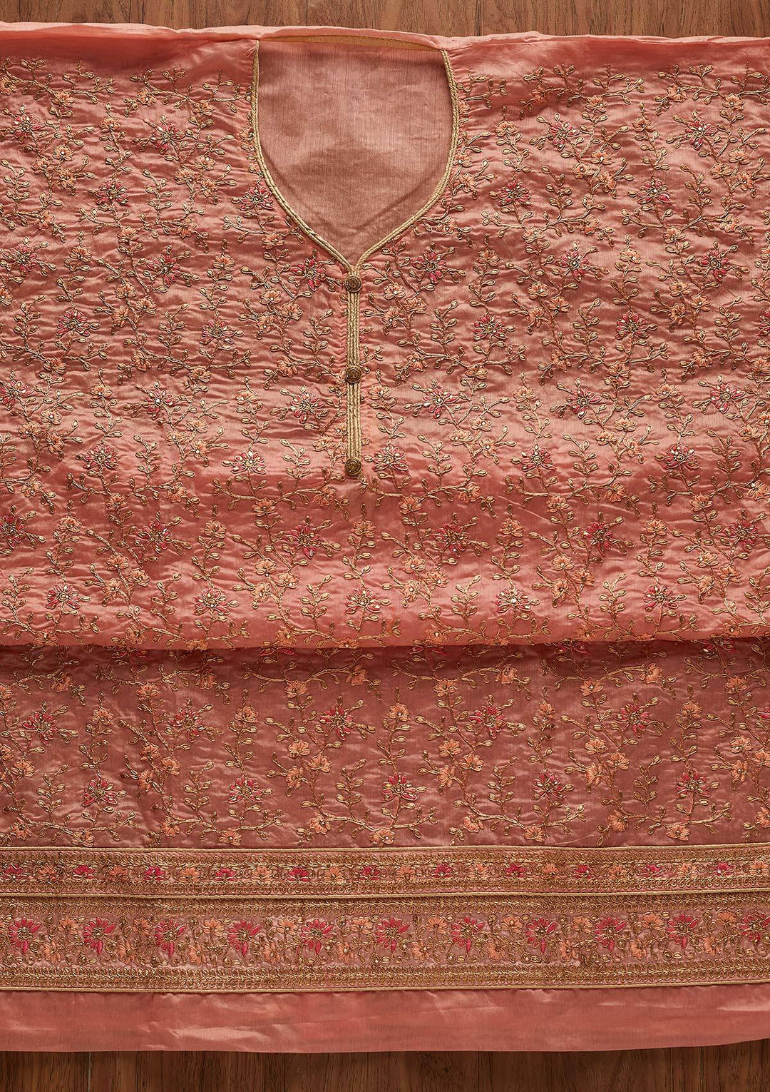 Peach Zariwork Art Silk Designer Unstitched Salwar Suit - Koskii