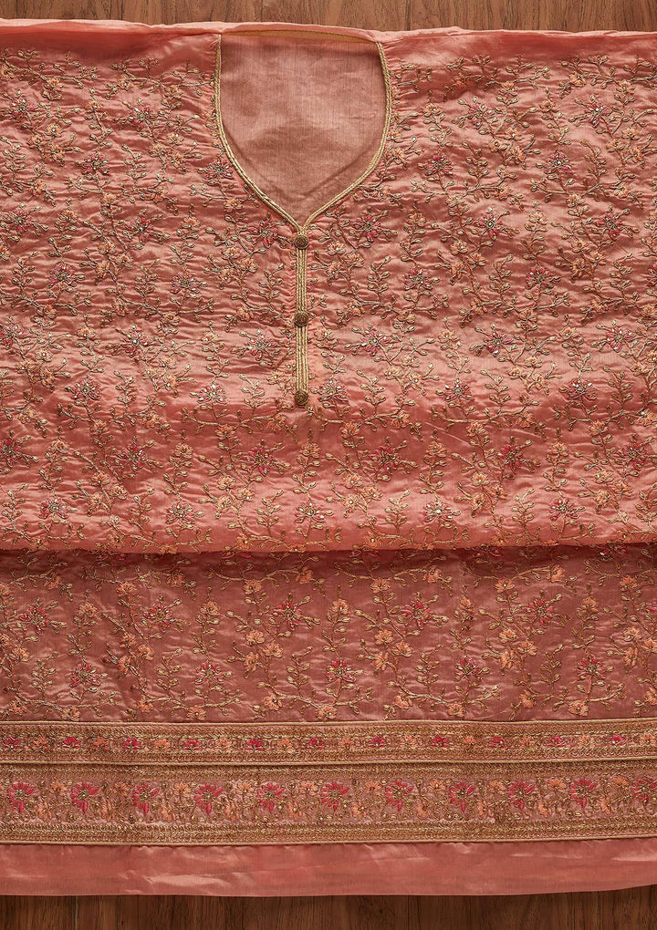 Peach Zariwork Art Silk Designer Unstitched Salwar Suit - Koskii