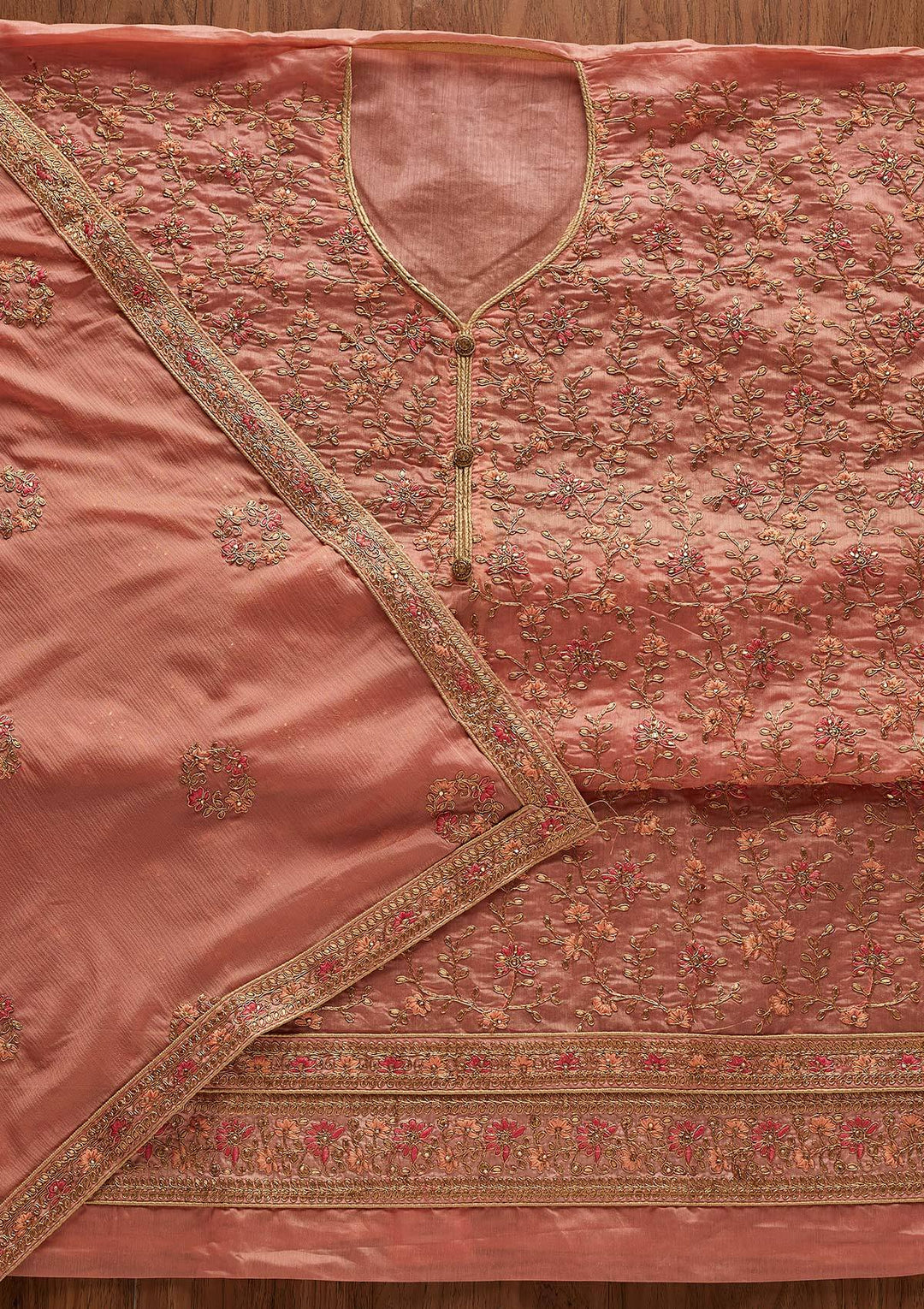Peach Zariwork Art Silk Designer Unstitched Salwar Suit - Koskii
