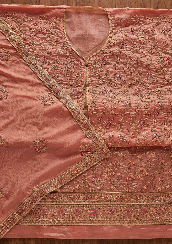 Peach Zariwork Art Silk Designer Unstitched Salwar Suit - Koskii