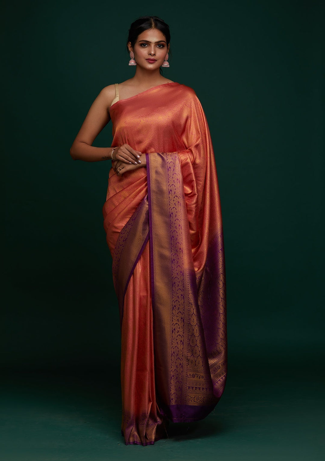 Peach Zariwork Art Silk Designer Saree - Koskii