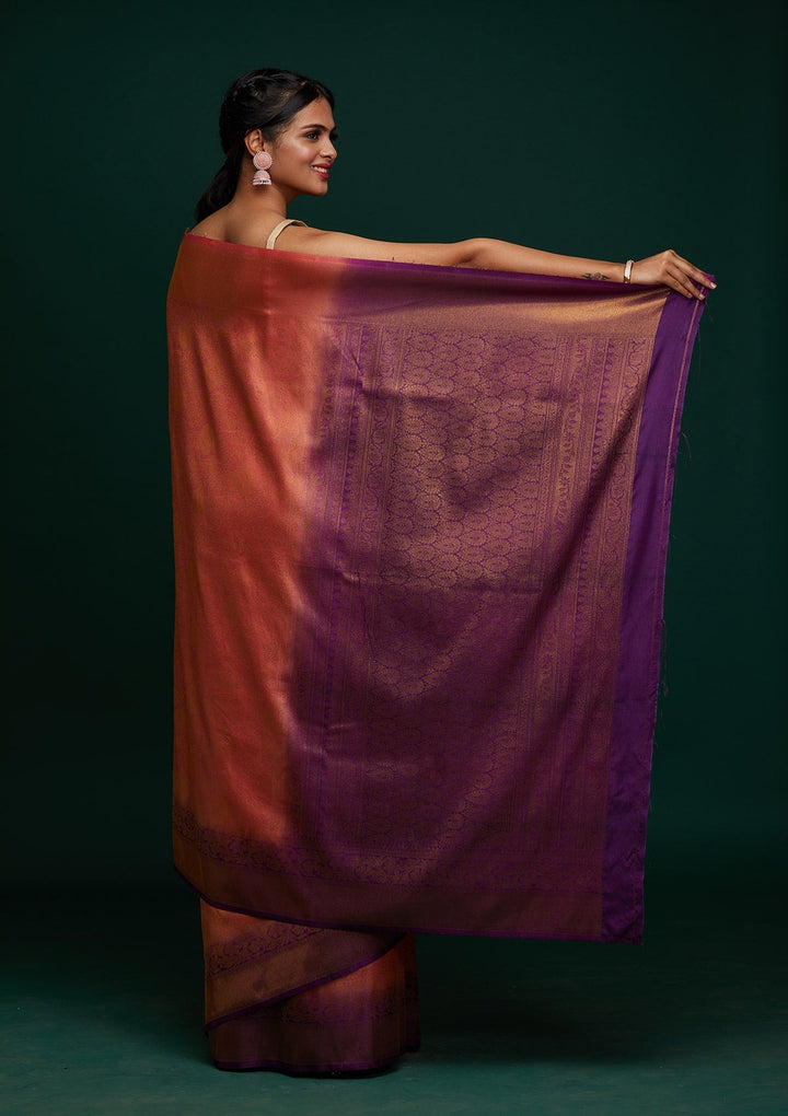 Peach Zariwork Art Silk Designer Saree - Koskii