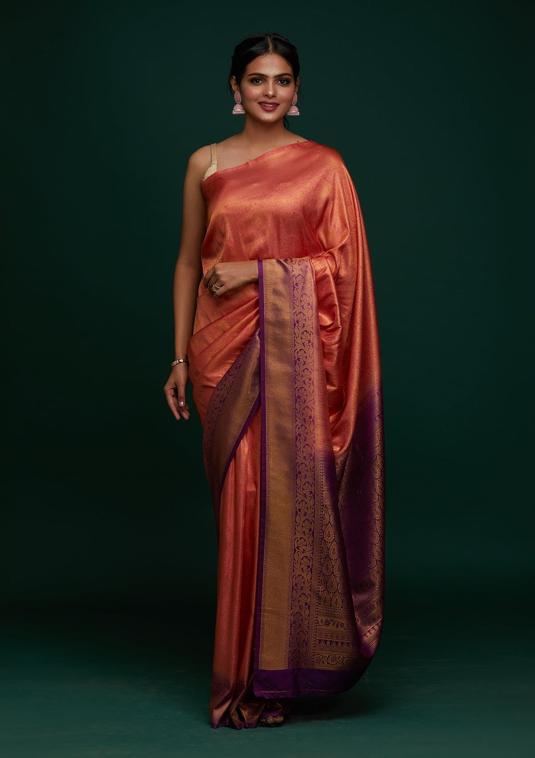 Peach Zariwork Art Silk Designer Saree - Koskii