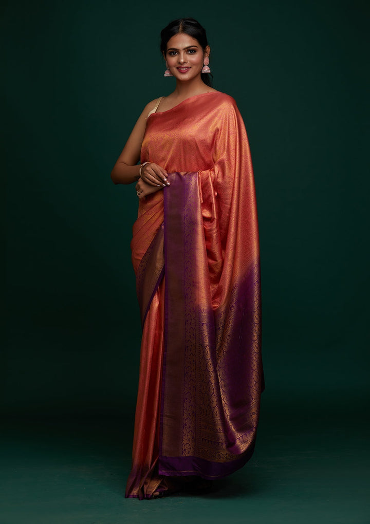 Peach Zariwork Art Silk Designer Saree - Koskii