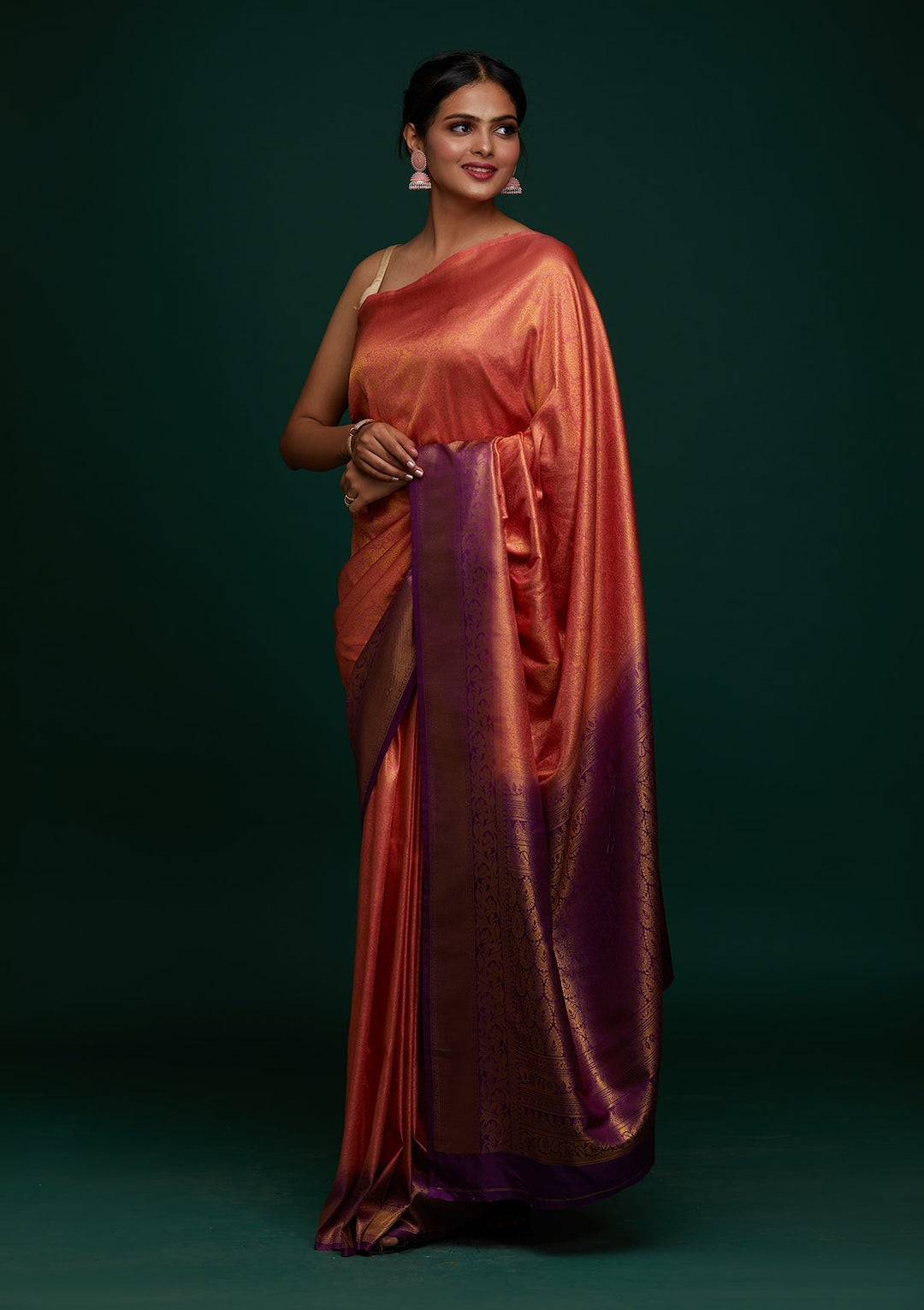 Peach Zariwork Art Silk Designer Saree - Koskii