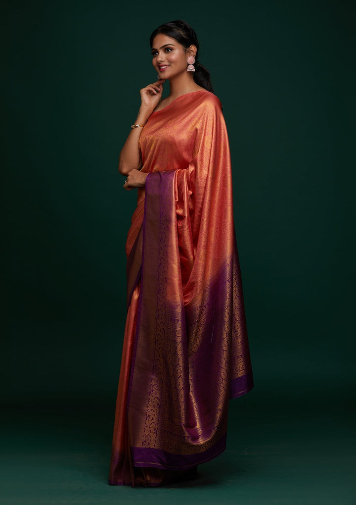 Peach Zariwork Art Silk Designer Saree - Koskii