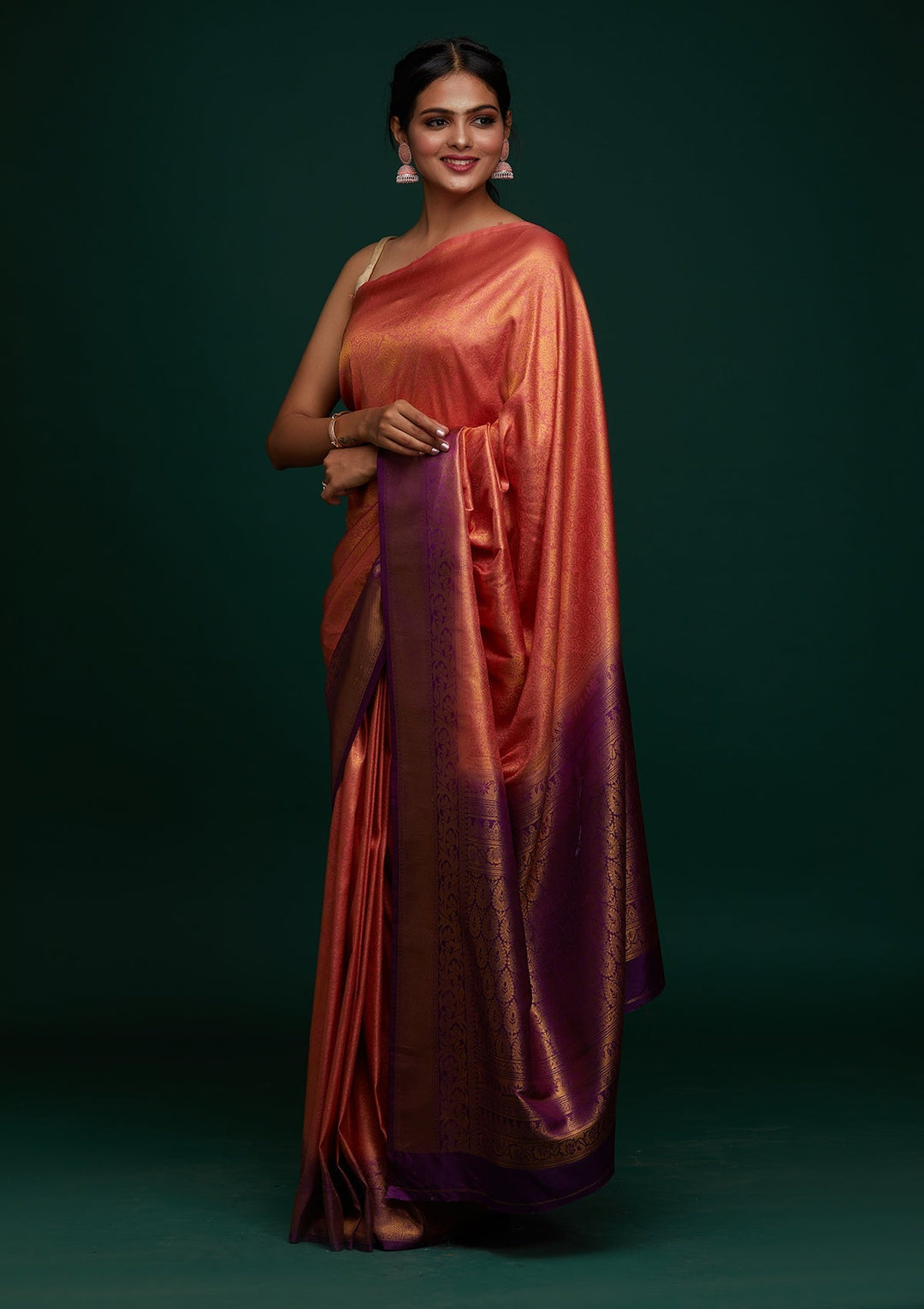 Peach Zariwork Art Silk Designer Saree - Koskii