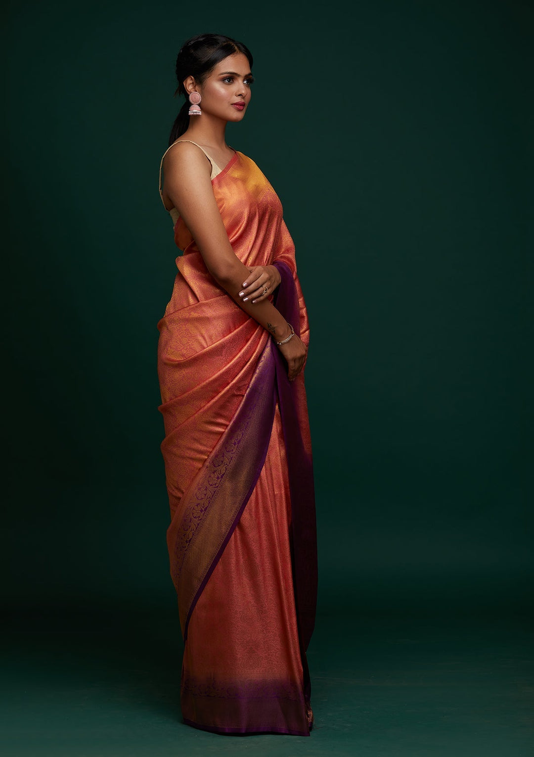 Peach Zariwork Art Silk Designer Saree - Koskii