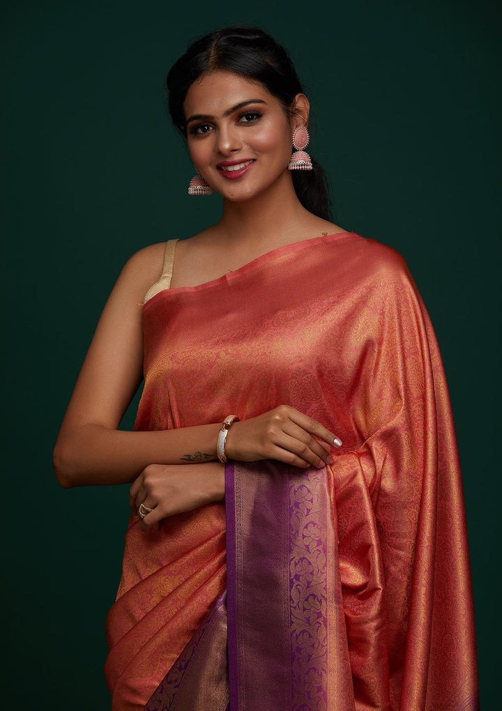 Peach Zariwork Art Silk Designer Saree - Koskii